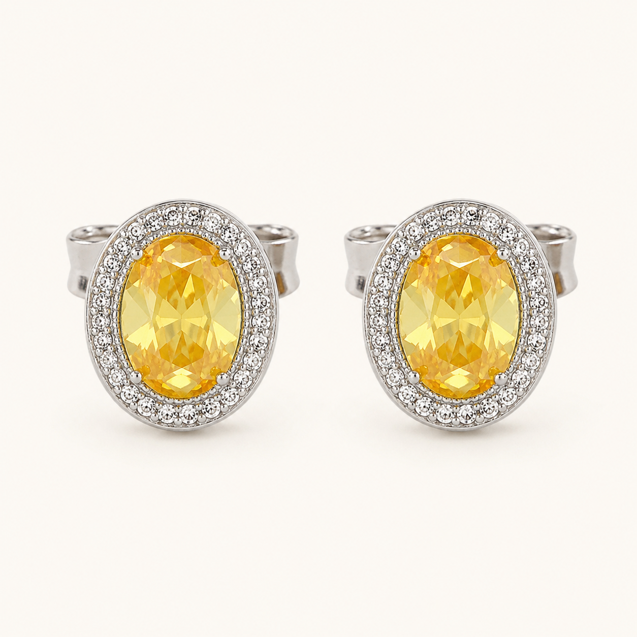 Silver Oval Crystal Halo Stud Earrings – Pavé CZ Gemstone Studs, Gift for Her