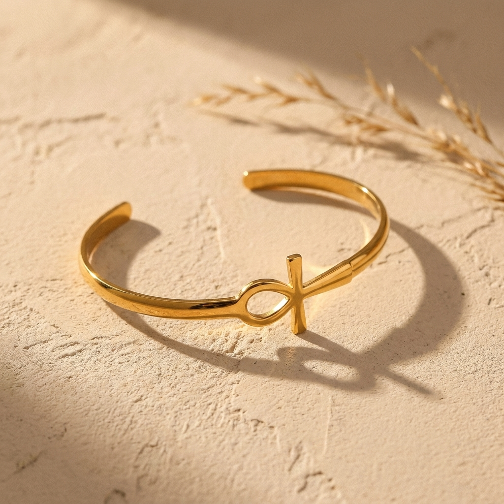 Ankh Cross Cuff Bracelet – Plated Stainless Steel Open Bangle for Women
