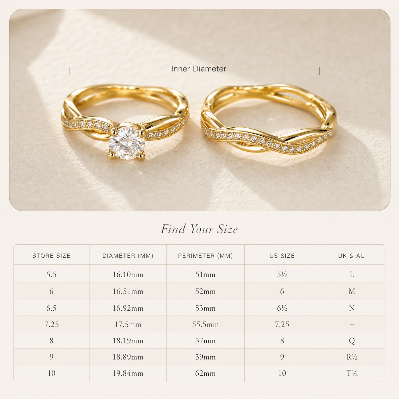 CZ Bridal Ring Set – Twisted Band Engagement Rings in Silver Gold Rose Gold for Women
