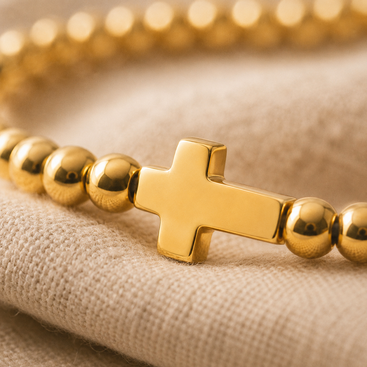 Cross Beaded Stretch Bracelet – Dainty Gold Silver Layering Bracelet, Gift for Her