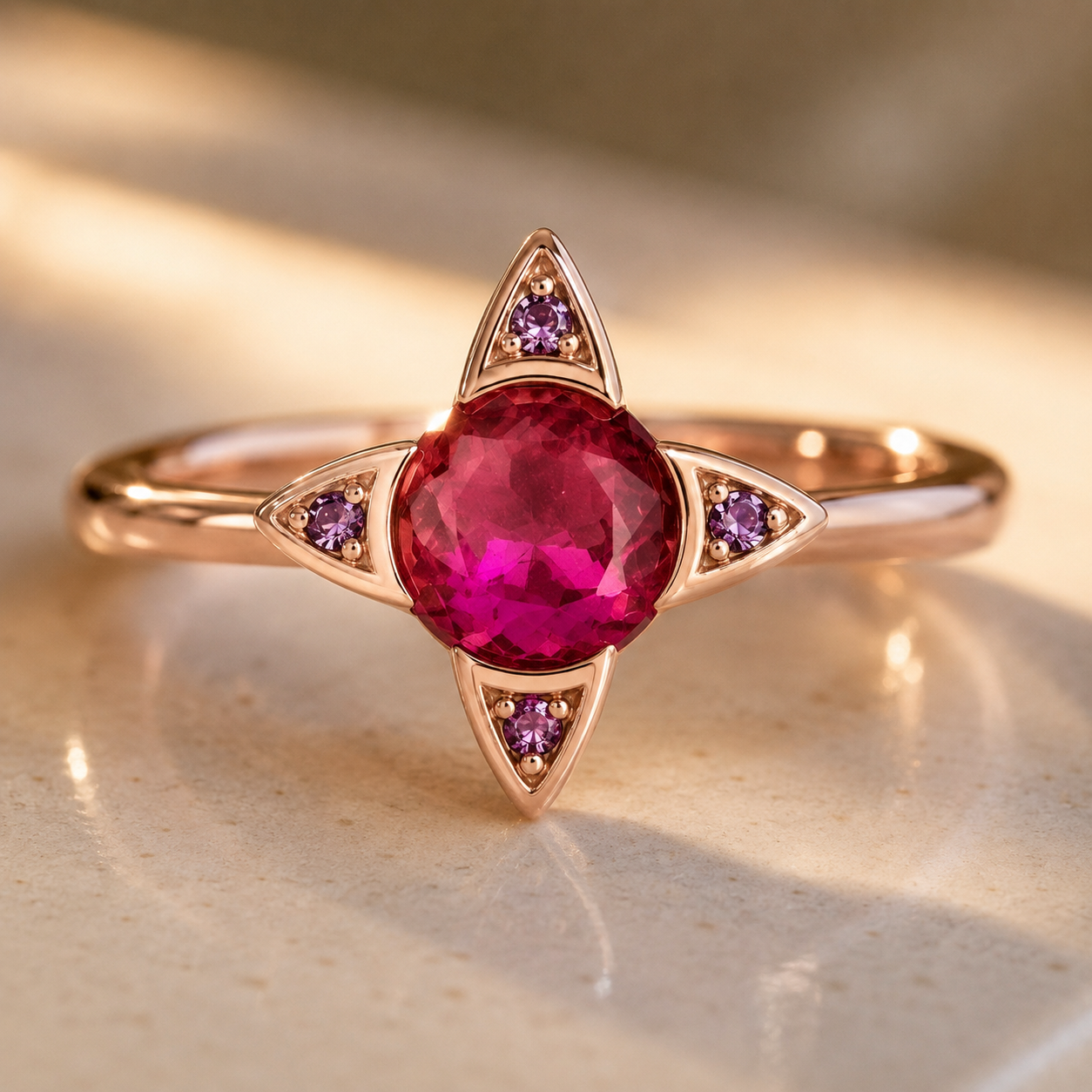Rose Gold Star Ring – Ruby Red CZ Four-Point Star Ring for Her