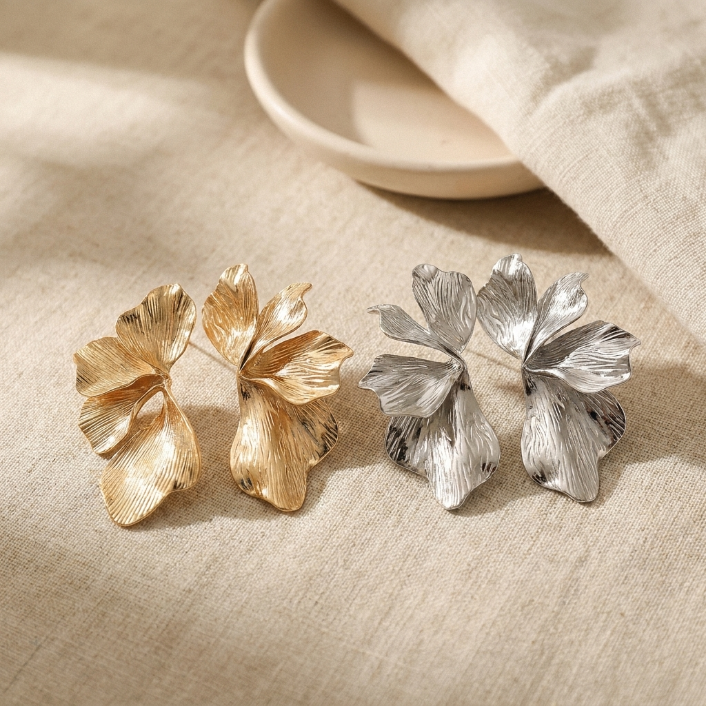 Large Flower Petal Earrings – Textured Statement Drop, Stainless Steel Floral Earrings for Her