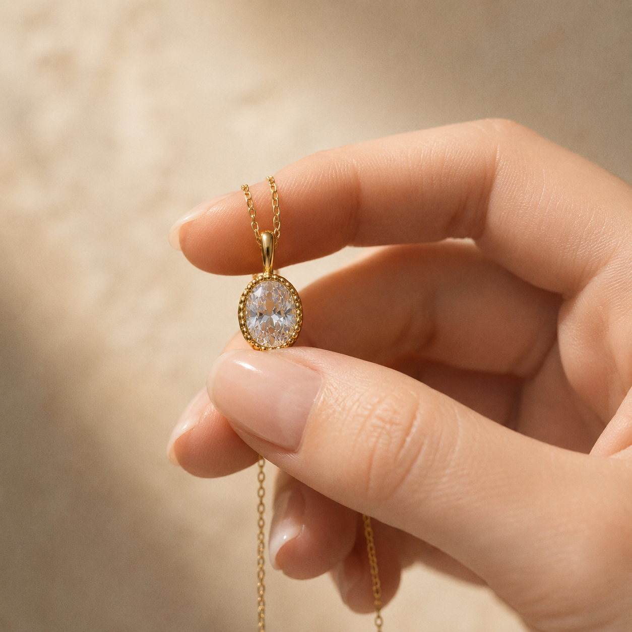Gold Oval CZ Pendant Necklace – Dainty Milgrain Bezel Solitaire Chain, Gift for Her