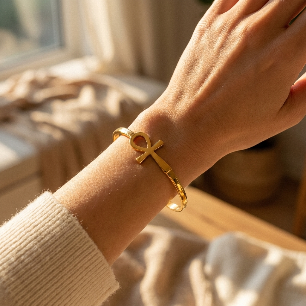 Ankh Cross Cuff Bracelet – Plated Stainless Steel Open Bangle for Women