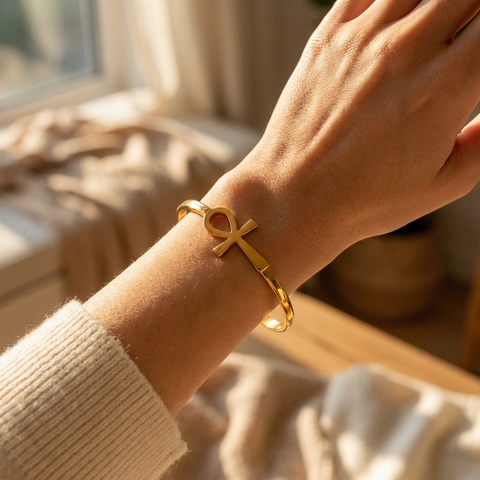 Ankh Cross Cuff Bracelet – Plated Stainless Steel Open Bangle for Women