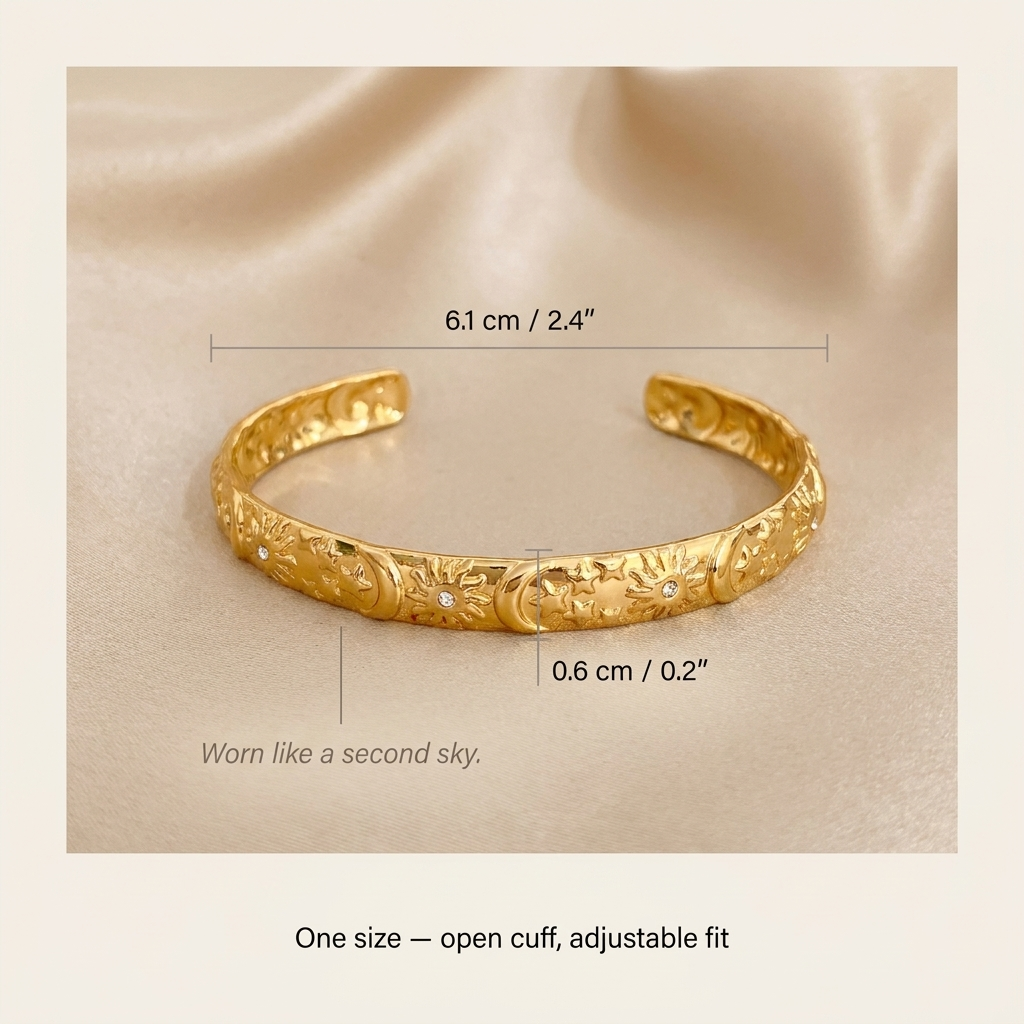 Gold Celestial Cuff Bracelet – Sun Moon Star Embossed Bangle, Stainless Steel