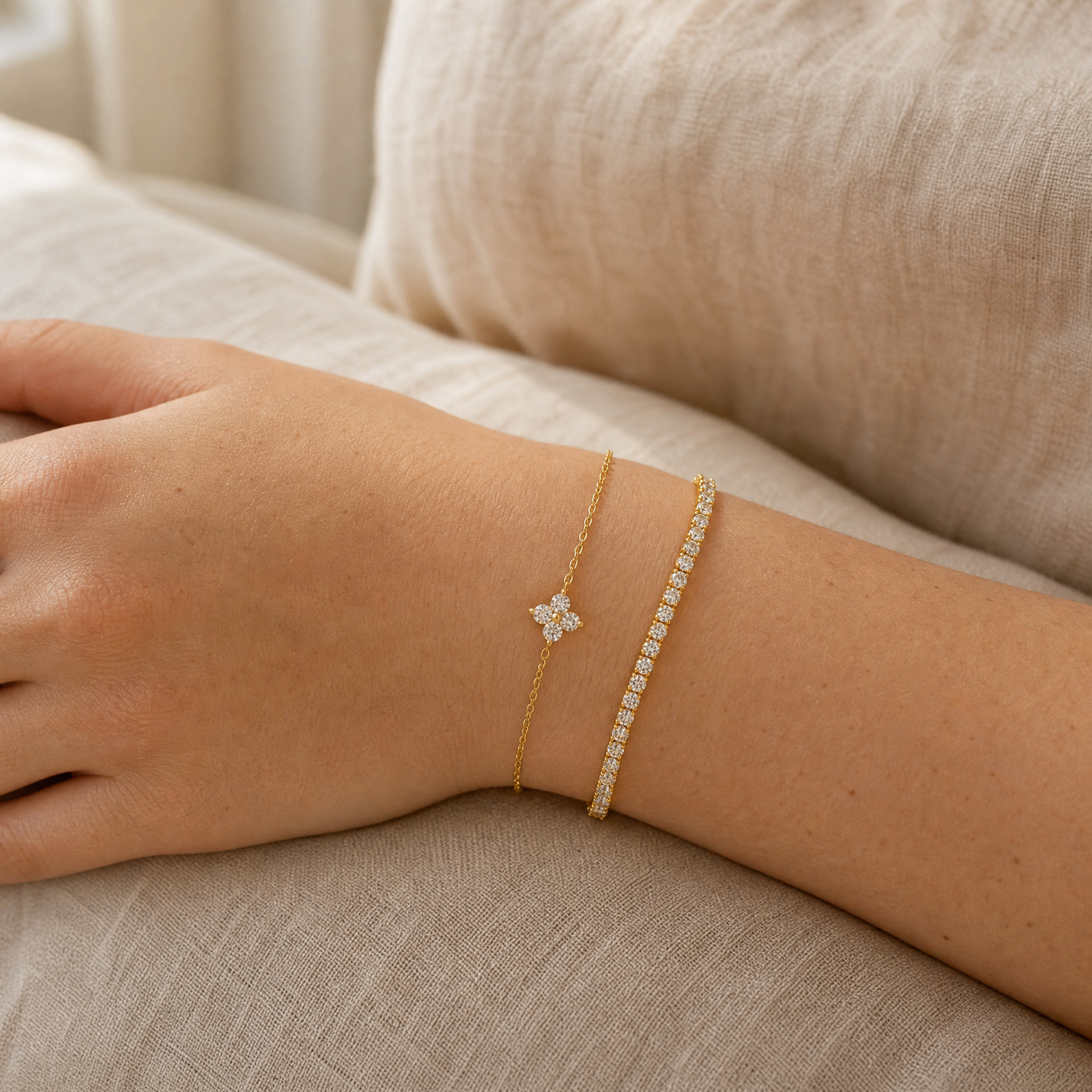 Gold Pavé Tennis & Flower CZ Bracelet Set – Dainty Layering Bracelets, Gift for Her