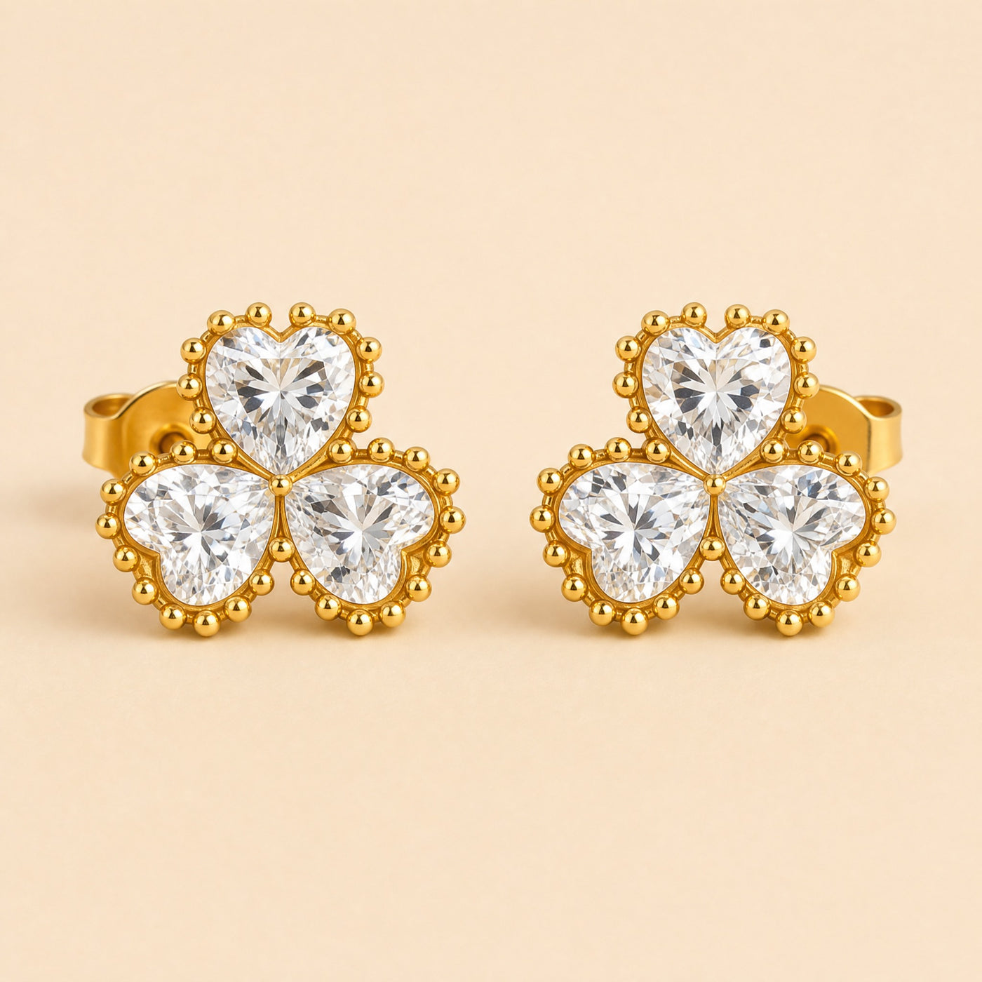 Gold Triple Heart Clover Stud Earrings – Dainty CZ Gold Studs, Minimalist Gift for Her
