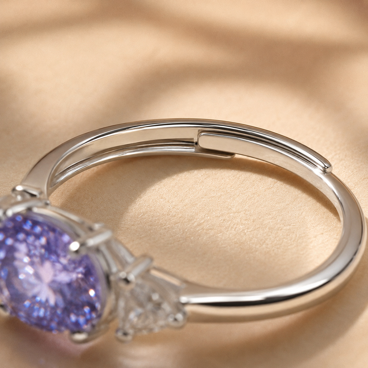 Silver Purple CZ Three Stone Ring – Adjustable Oval Ice Flower Cut Sterling Look Promise Ring