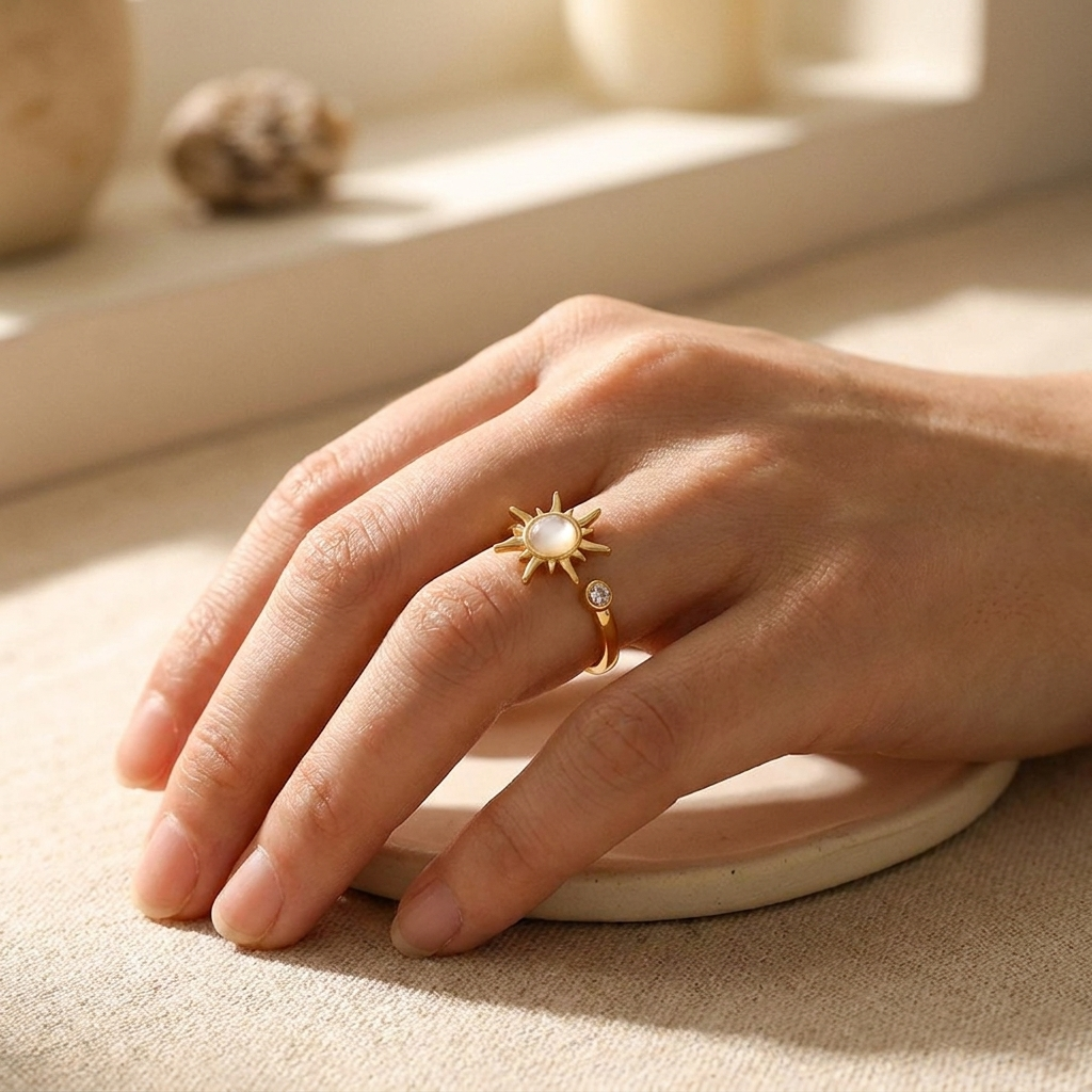 Sun Ring with Moonstone & CZ – Plated Stainless Steel Open Ring for Women
