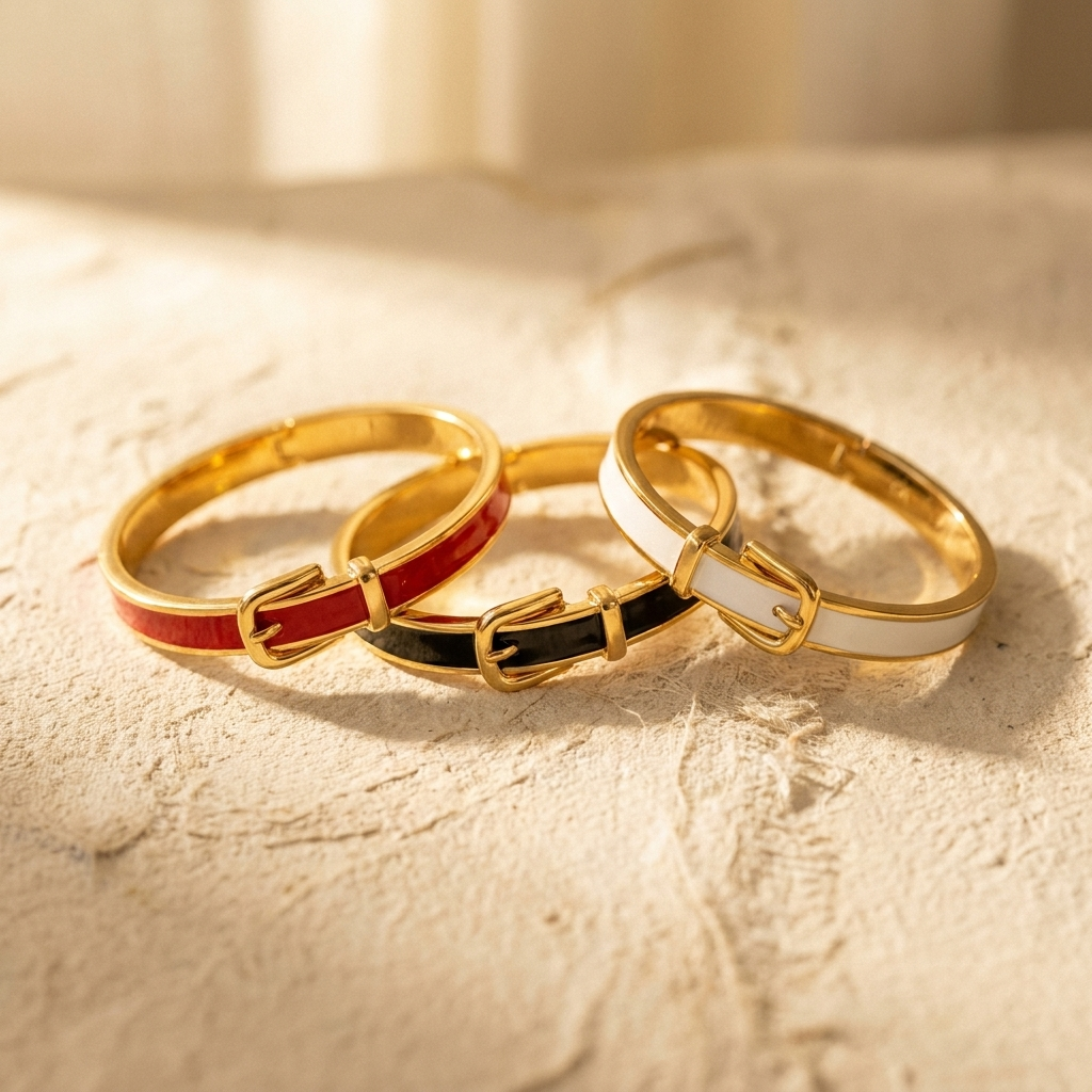 Gold Belt Buckle Bangle – Enamel Cuff Bracelet, Dainty Gold-Tone Gift for Her