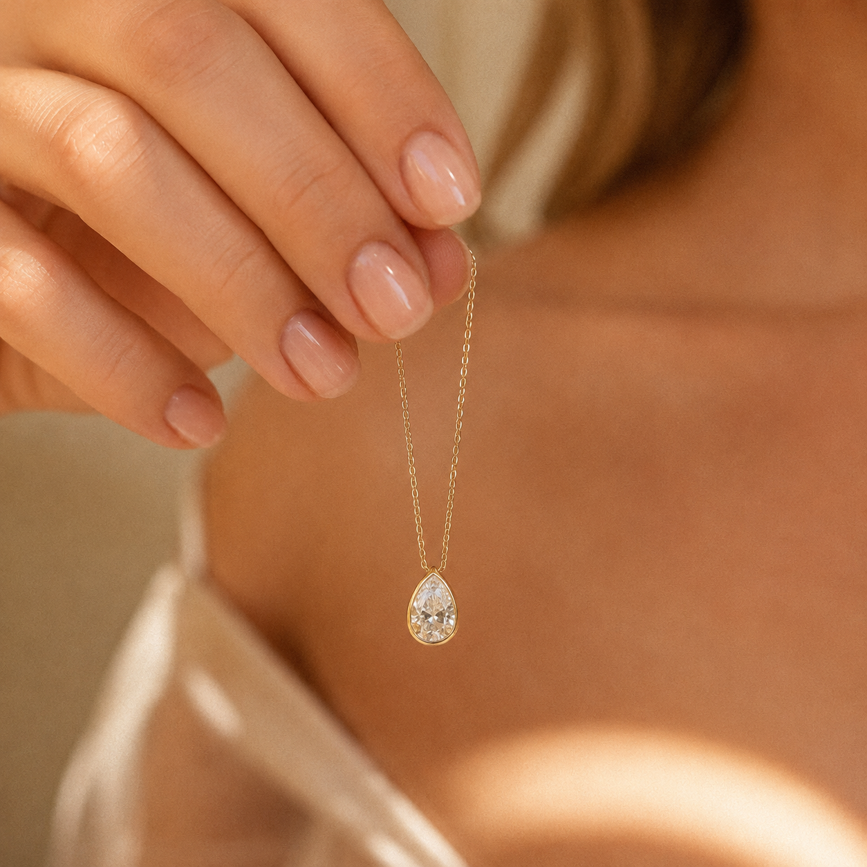 Gold Pear Drop CZ Pendant Necklace – Dainty Bezel Set Teardrop Necklace, Gift for Her