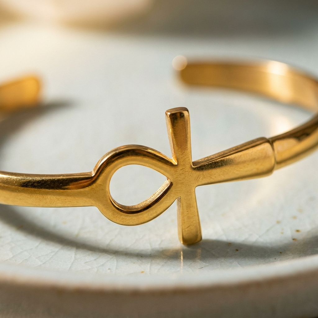 Ankh Cross Cuff Bracelet – Plated Stainless Steel Open Bangle for Women