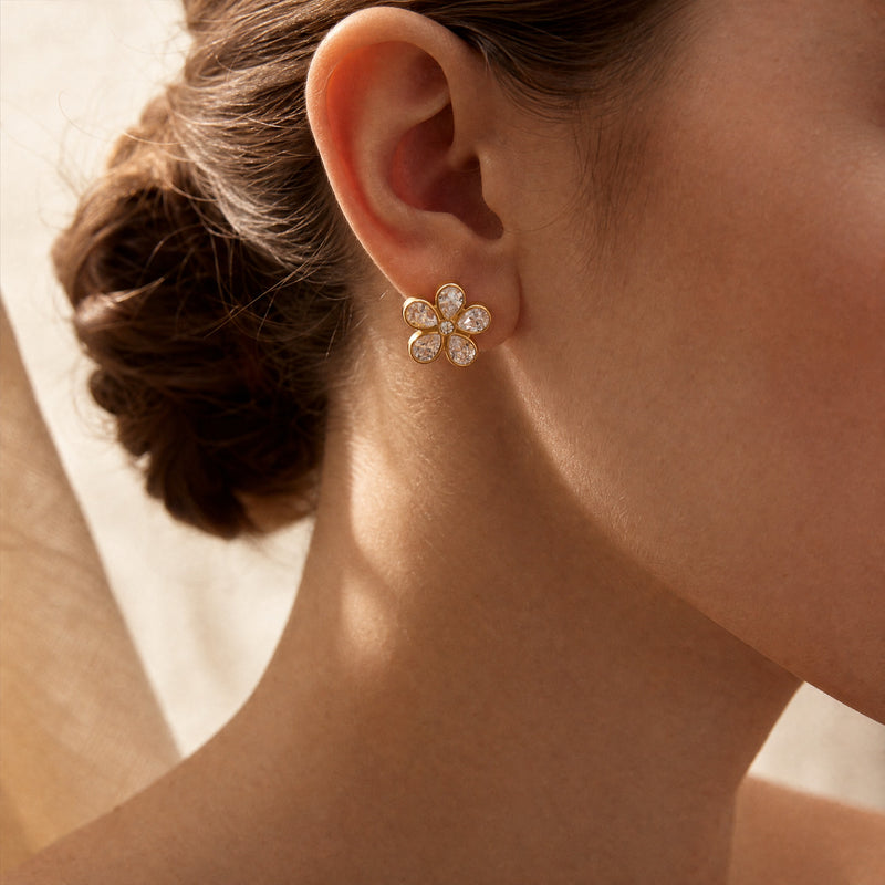 Gold CZ Flower Stud Earrings – Bezel-Set Crystal Daisy Gold Studs, Gift for Her