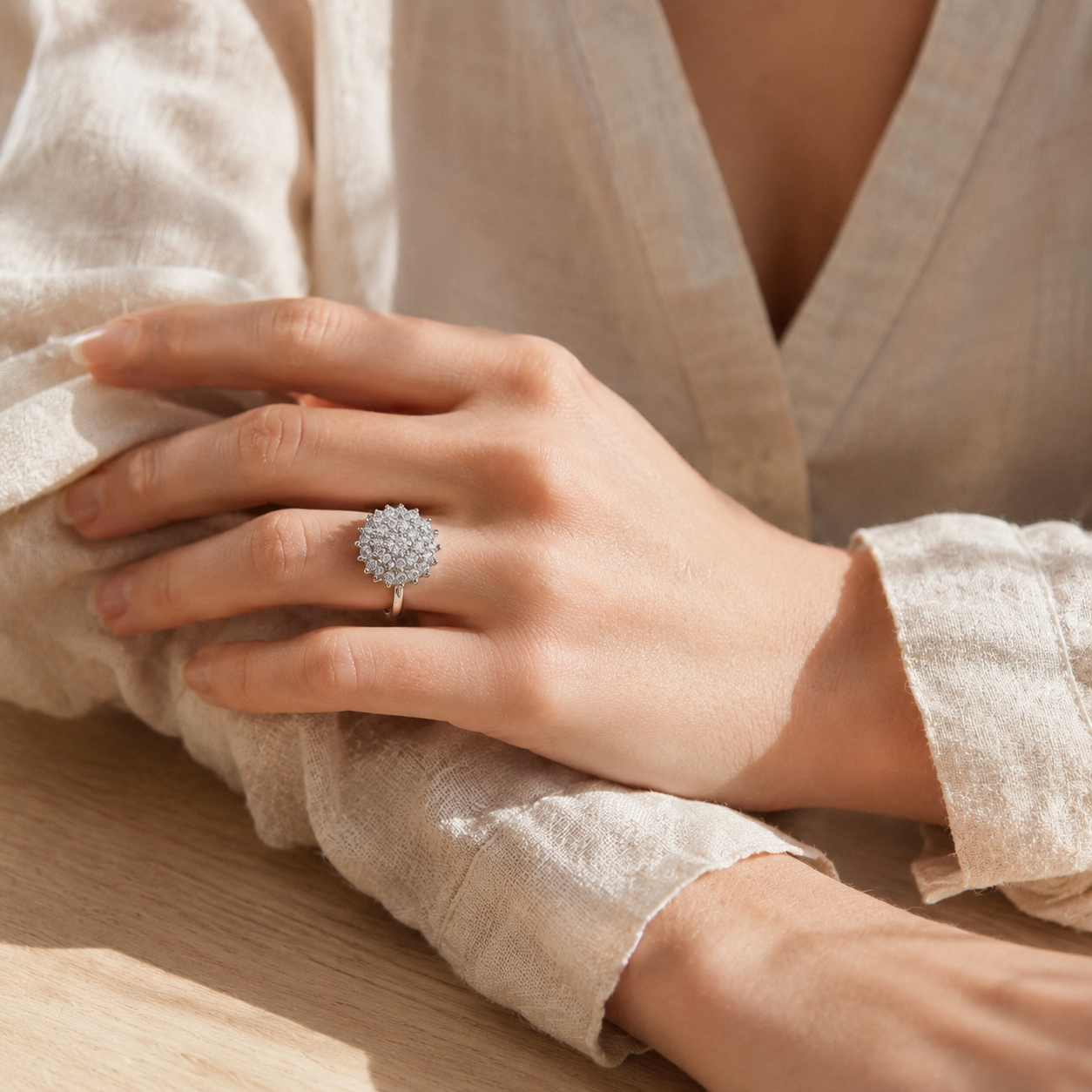 Silver Zircon Flower Ring – Pavé Cluster Statement Ring, Adjustable Band, Minimalist Jewelry Gift for Her