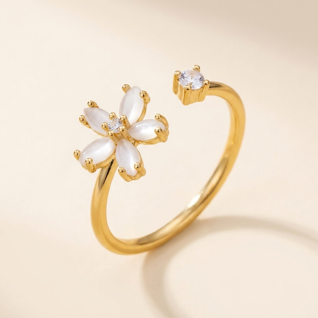 Gold Flower Open Ring – White Opal Petal CZ Adjustable Stainless Steel Ring, Gift for Her