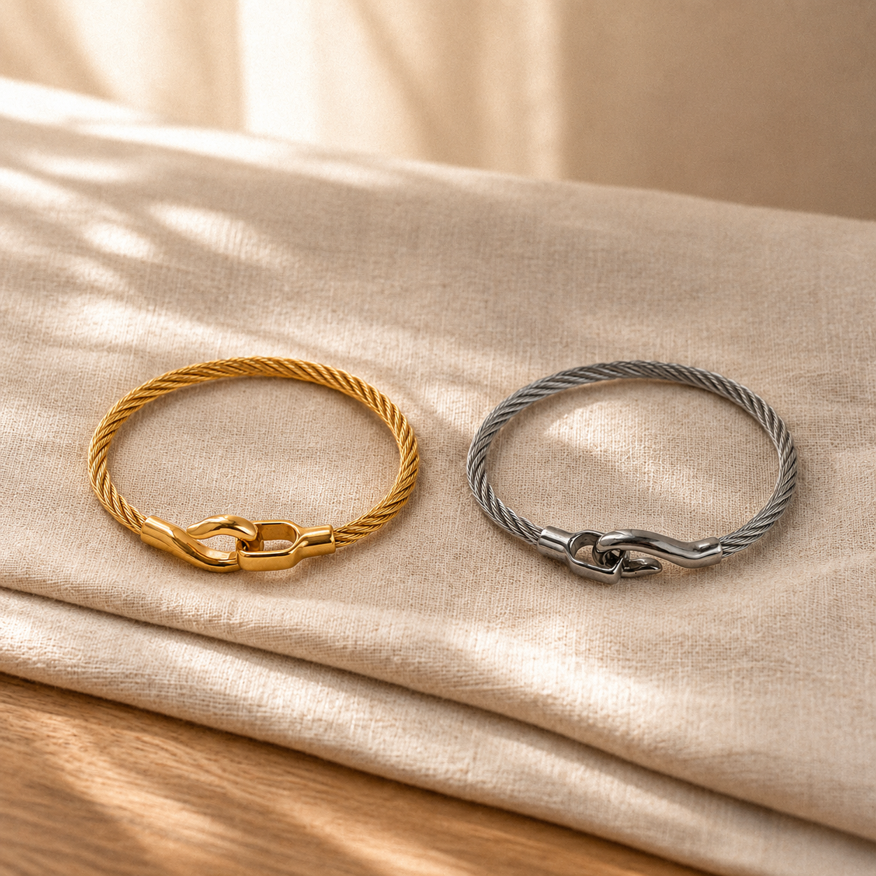 Twisted Cable Bangle Bracelet – Minimalist Hook Clasp Stainless Steel Bracelet for Women
