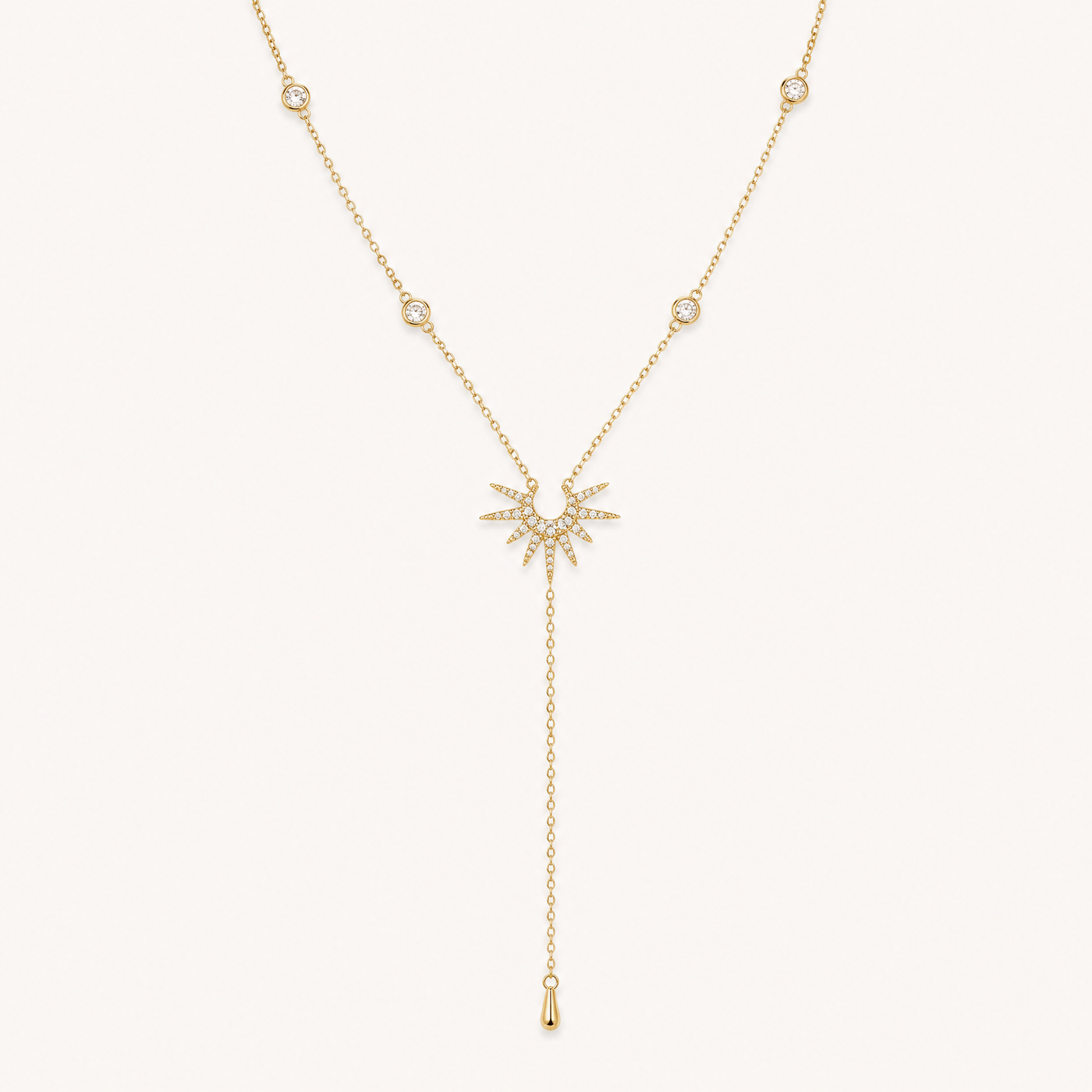 Gold Pavé Starburst Lariat Necklace – CZ Y-Drop Chain, Dainty Layering Necklace Gift for Her