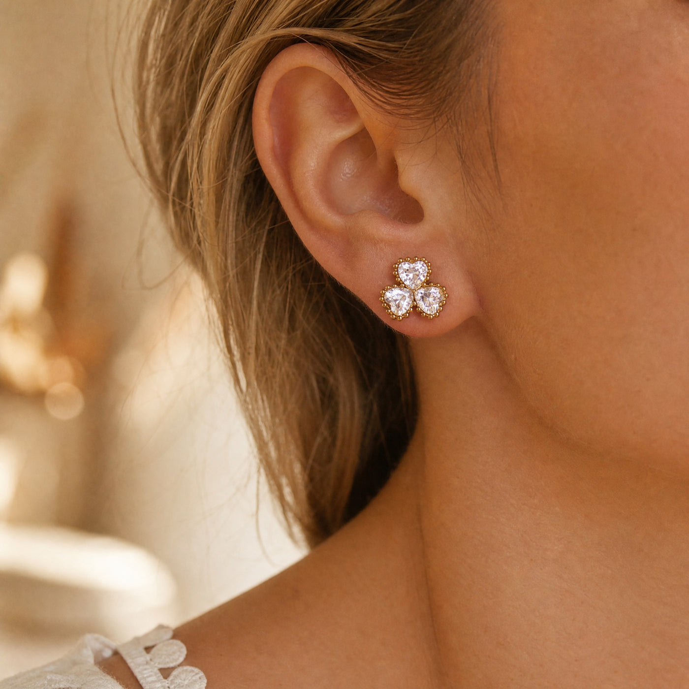 Gold Triple Heart Clover Stud Earrings – Dainty CZ Gold Studs, Minimalist Gift for Her