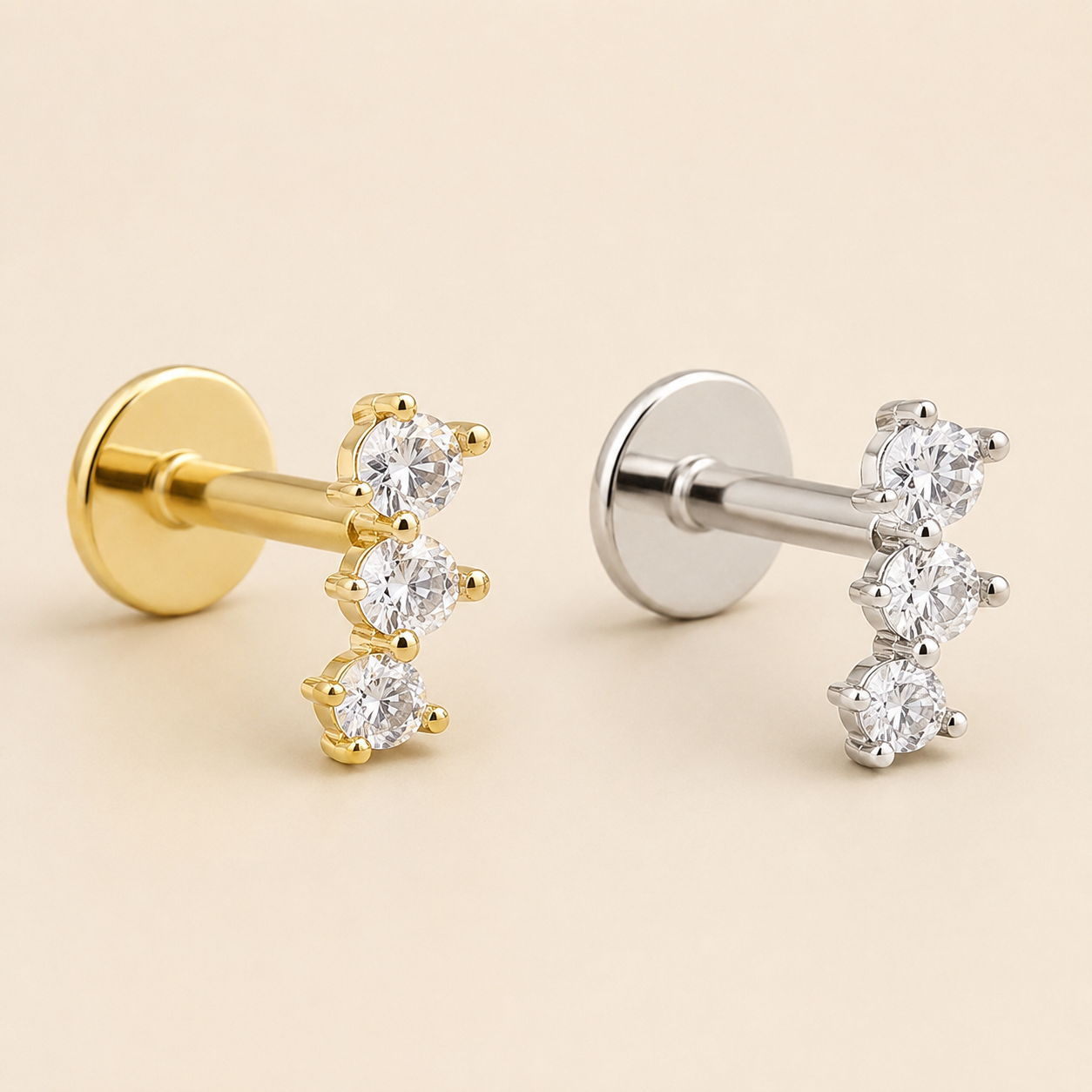 Triple CZ Flat Back Labret Earring – Dainty Gold Silver Cartilage Stud, Gift for Her