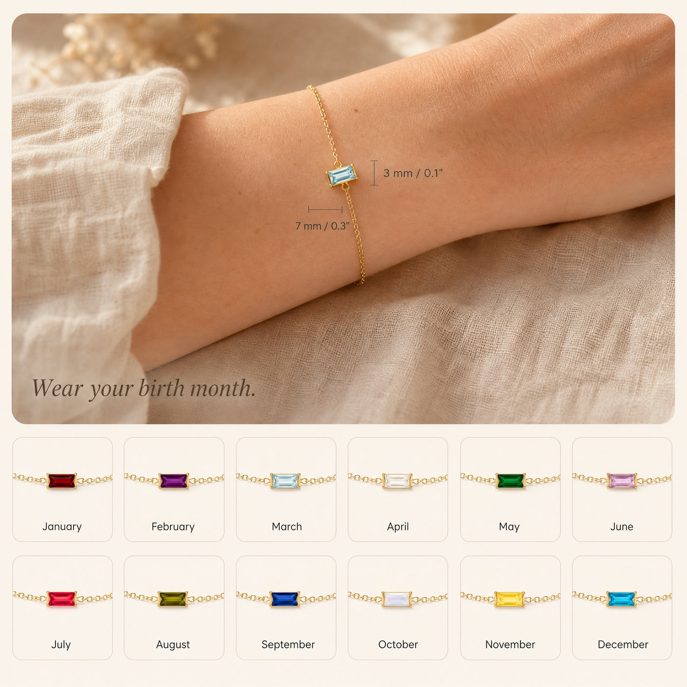 Gold Birthstone Bar Bracelet - Plated Stainless Steel Chain, Birthday Gift for Her