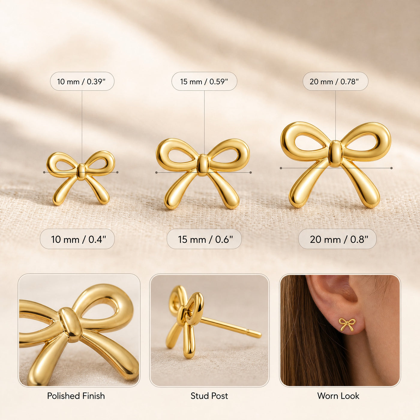Gold Bow Stud Earrings – Dainty Gold Minimalist Ribbon Earrings, Gift for Her
