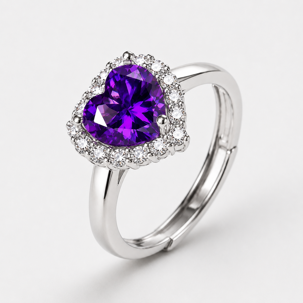 Silver Heart Zircon Ring – Adjustable Open Band, Pavé Halo CZ, Dainty Romantic Gift for Her
