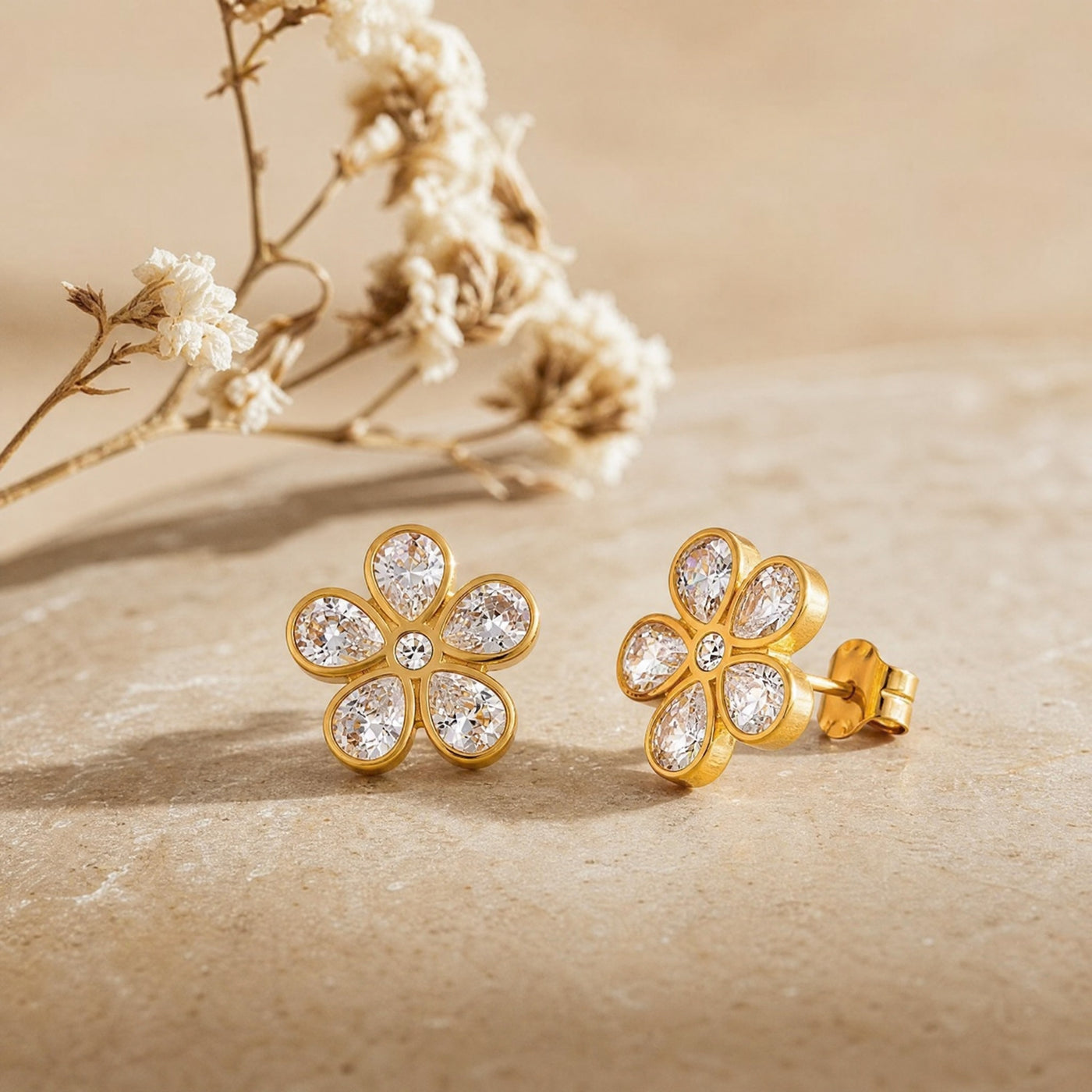 Gold CZ Flower Stud Earrings – Bezel-Set Crystal Daisy Gold Studs, Gift for Her