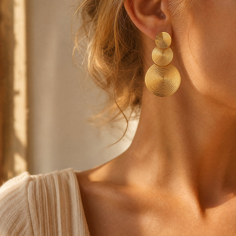 Gold Spiral Disc Drop Earrings – Bold Geometric Statement Dangle Earrings for Women