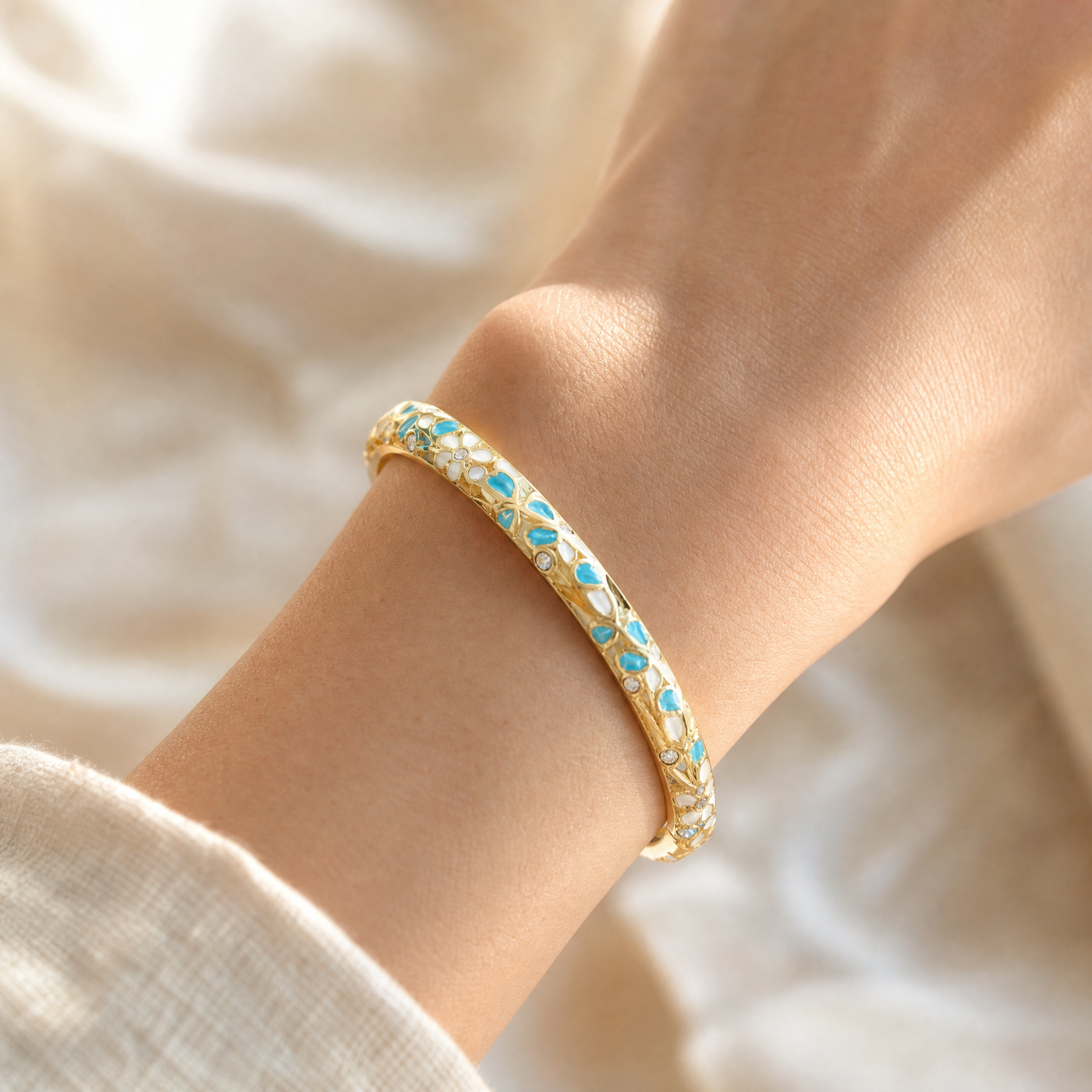 Gold Enamel Flower Bangle – Vintage Floral Copper Bracelet, Dainty Gift for Her