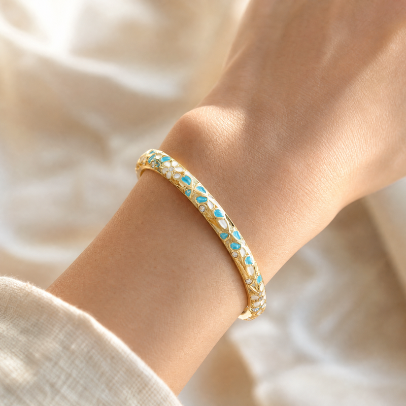 Gold Enamel Flower Bangle – Vintage Floral Copper Bracelet, Dainty Gift for Her