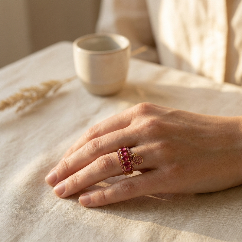 Pavé CZ Charm Ring – Pink Zircon Dangle Statement Ring, Gift for Her