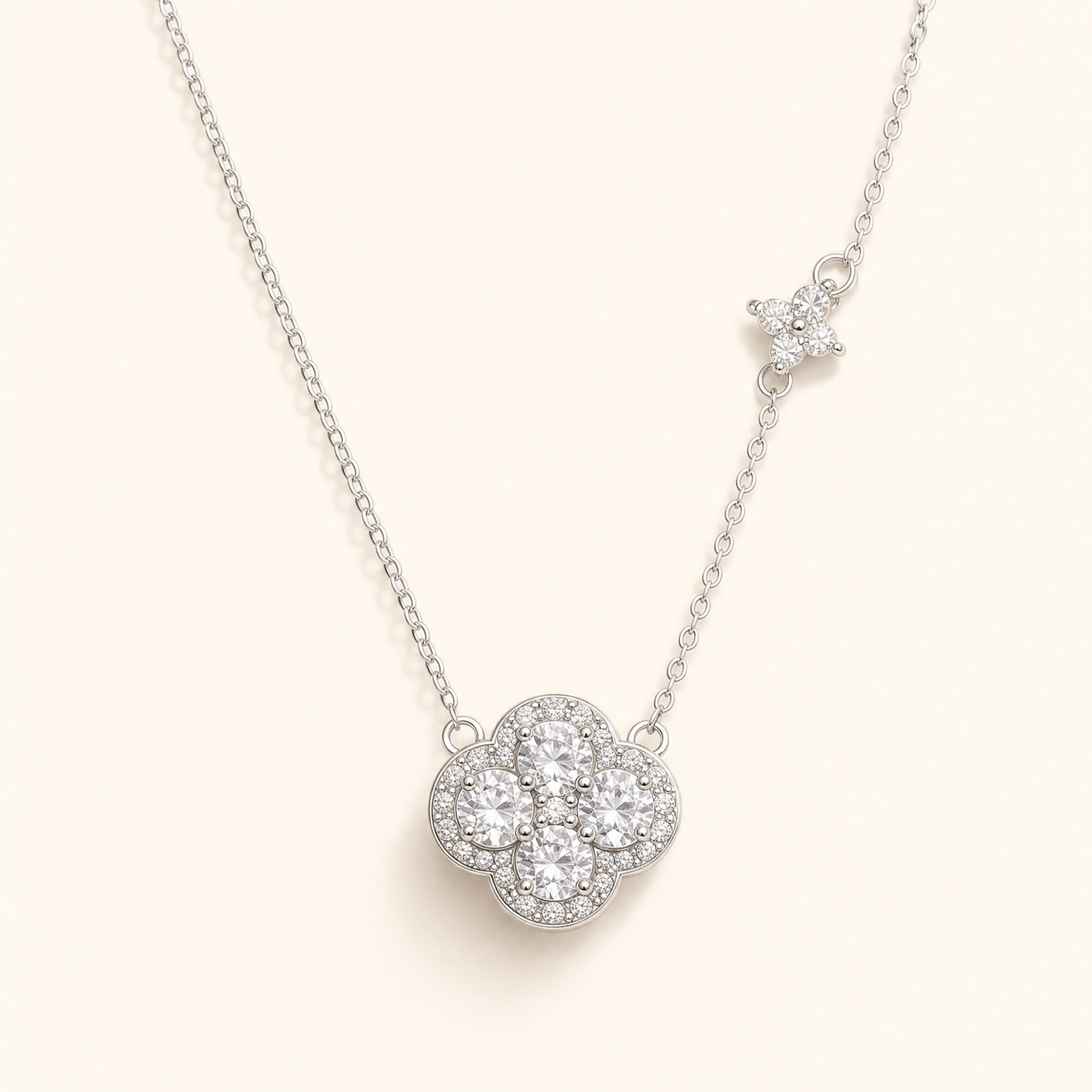 Silver Pavé Clover Pendant Necklace – S925 CZ Dainty Layering Necklace, Gift for Her