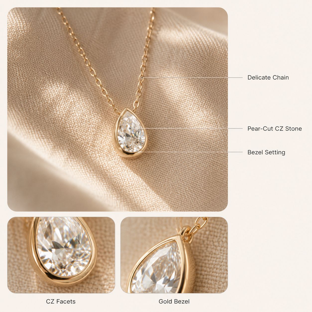 Gold Pear Drop CZ Pendant Necklace – Dainty Bezel Set Teardrop Necklace, Gift for Her
