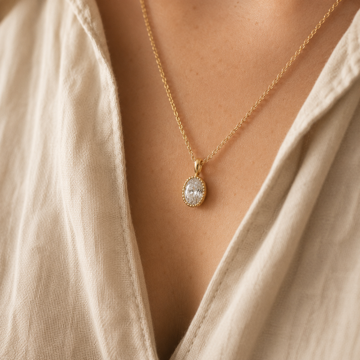 Gold Oval CZ Pendant Necklace – Dainty Milgrain Bezel Solitaire Chain, Gift for Her