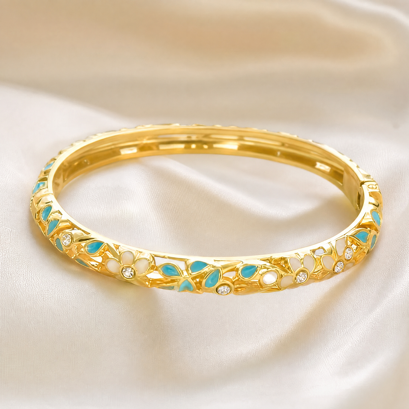 Gold Enamel Flower Bangle – Vintage Floral Copper Bracelet, Dainty Gift for Her