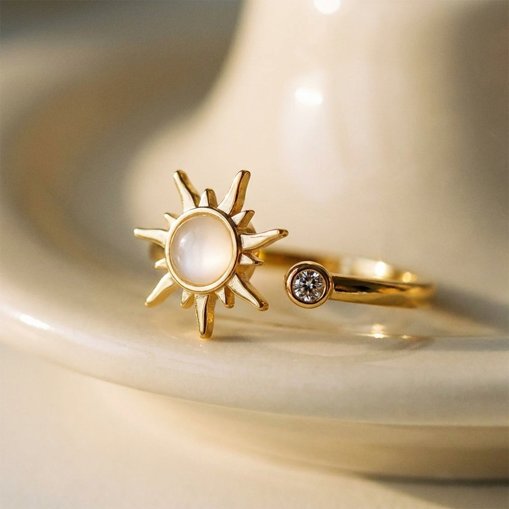 Sun Ring with Moonstone & CZ – Plated Stainless Steel Open Ring for Women