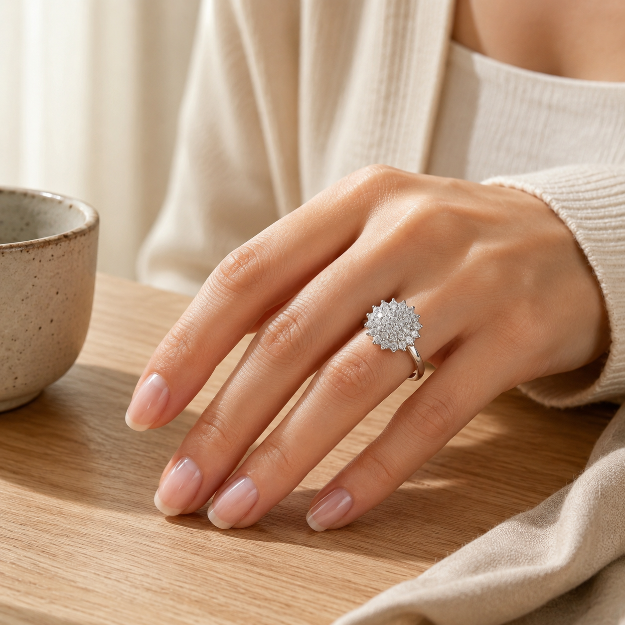 Silver Zircon Flower Ring – Pavé Cluster Statement Ring, Adjustable Band, Minimalist Jewelry Gift for Her