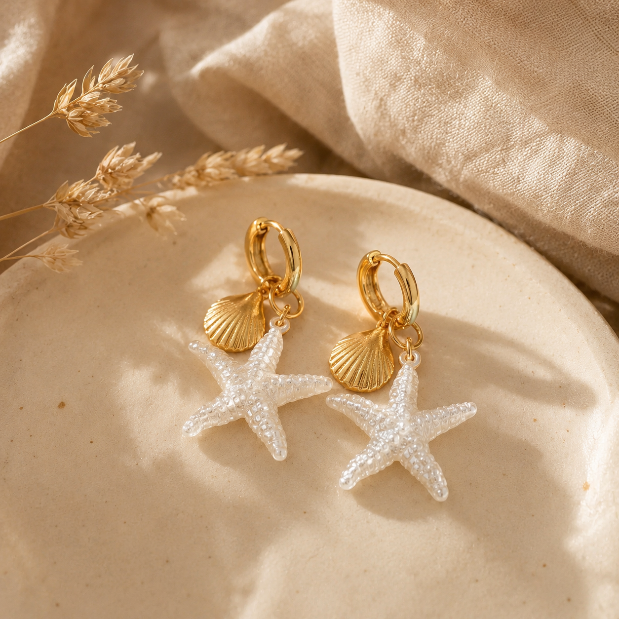 Gold Starfish Shell Hoop Earrings – Dangle Beach Jewelry, Boho Ocean Gift for Her