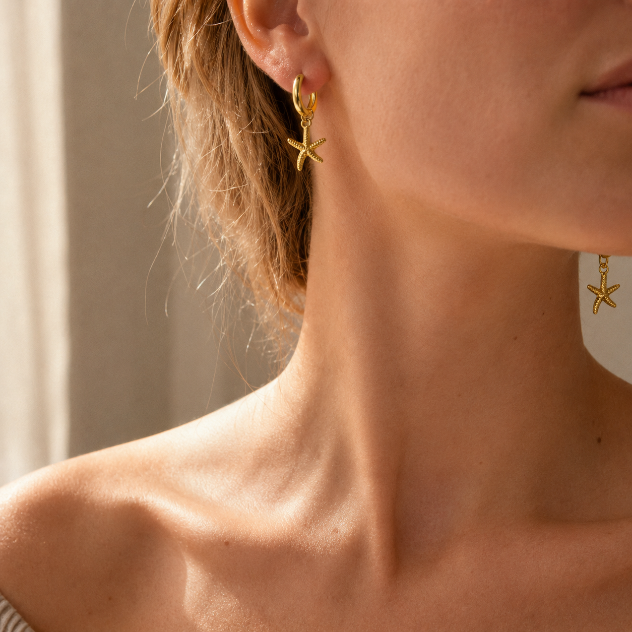 Gold Starfish Hoop Earrings – Dainty Dangle Gold Huggie Earrings, Beach Gift for Her