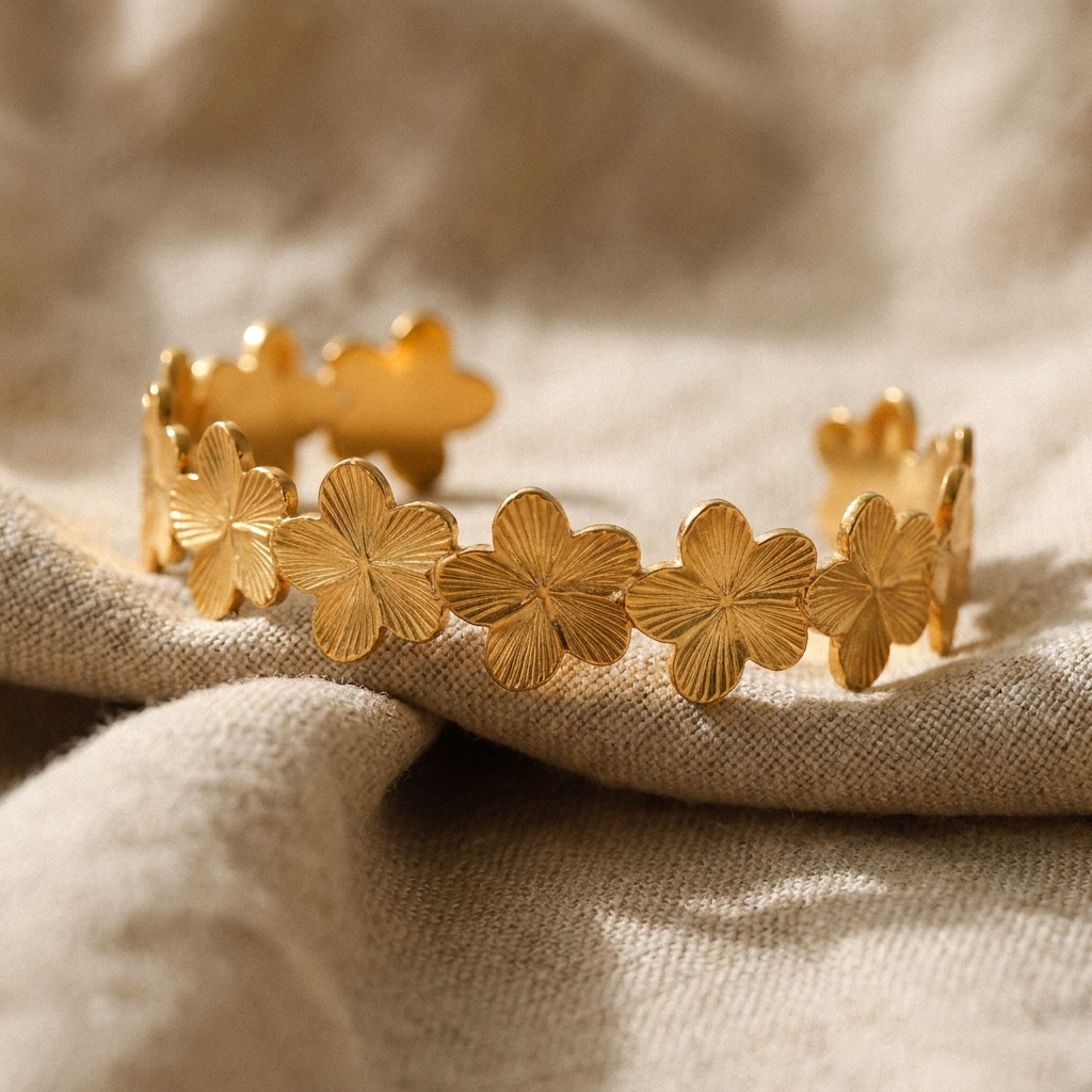 Gold Floral Cuff Bracelet – Open Bangle Flower Wrist Jewelry, Dainty Gold Gift for Women