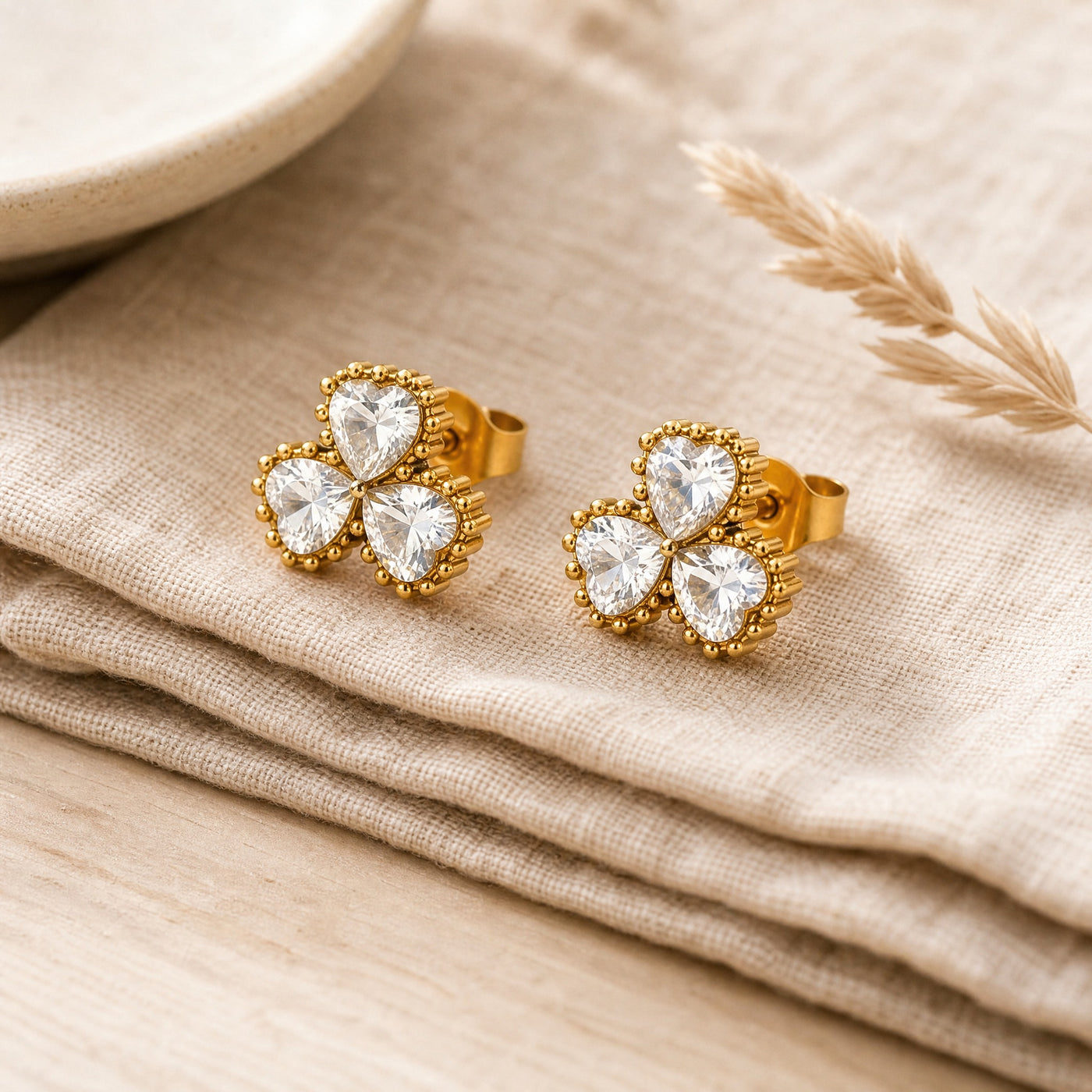 Gold Triple Heart Clover Stud Earrings – Dainty CZ Gold Studs, Minimalist Gift for Her