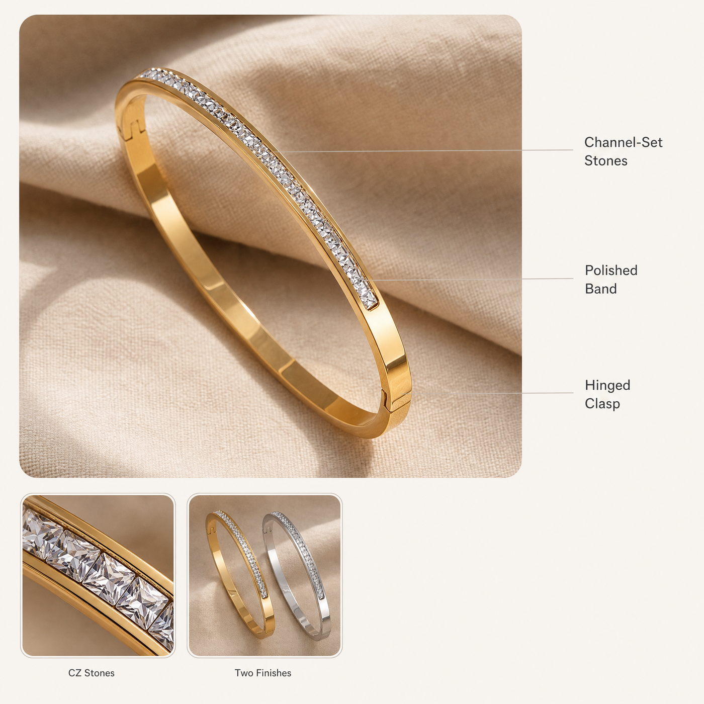 Pavé CZ Bangle Bracelet – Dainty Stackable Crystal Inlay Gold Silver Bracelet, Gift for Her