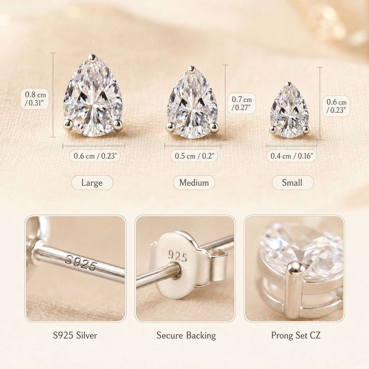Silver Pear CZ Stud Earrings – Silver Pink Crystal Dainty Gift for Her