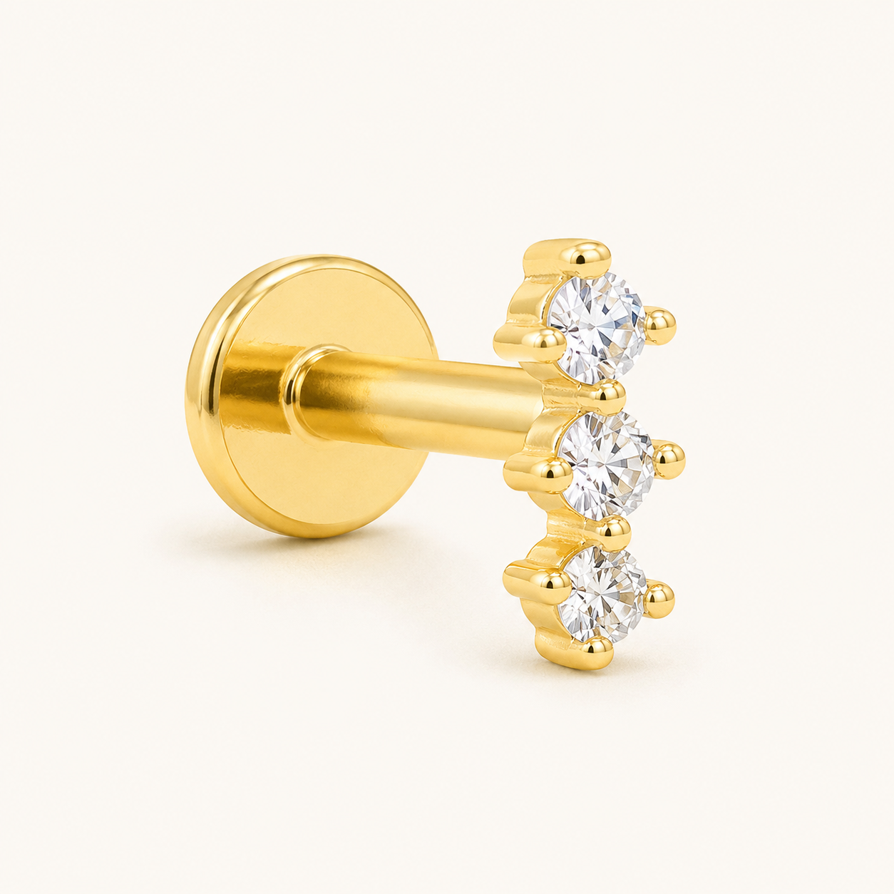 Triple CZ Flat Back Labret Earring – Dainty Gold Silver Cartilage Stud, Gift for Her