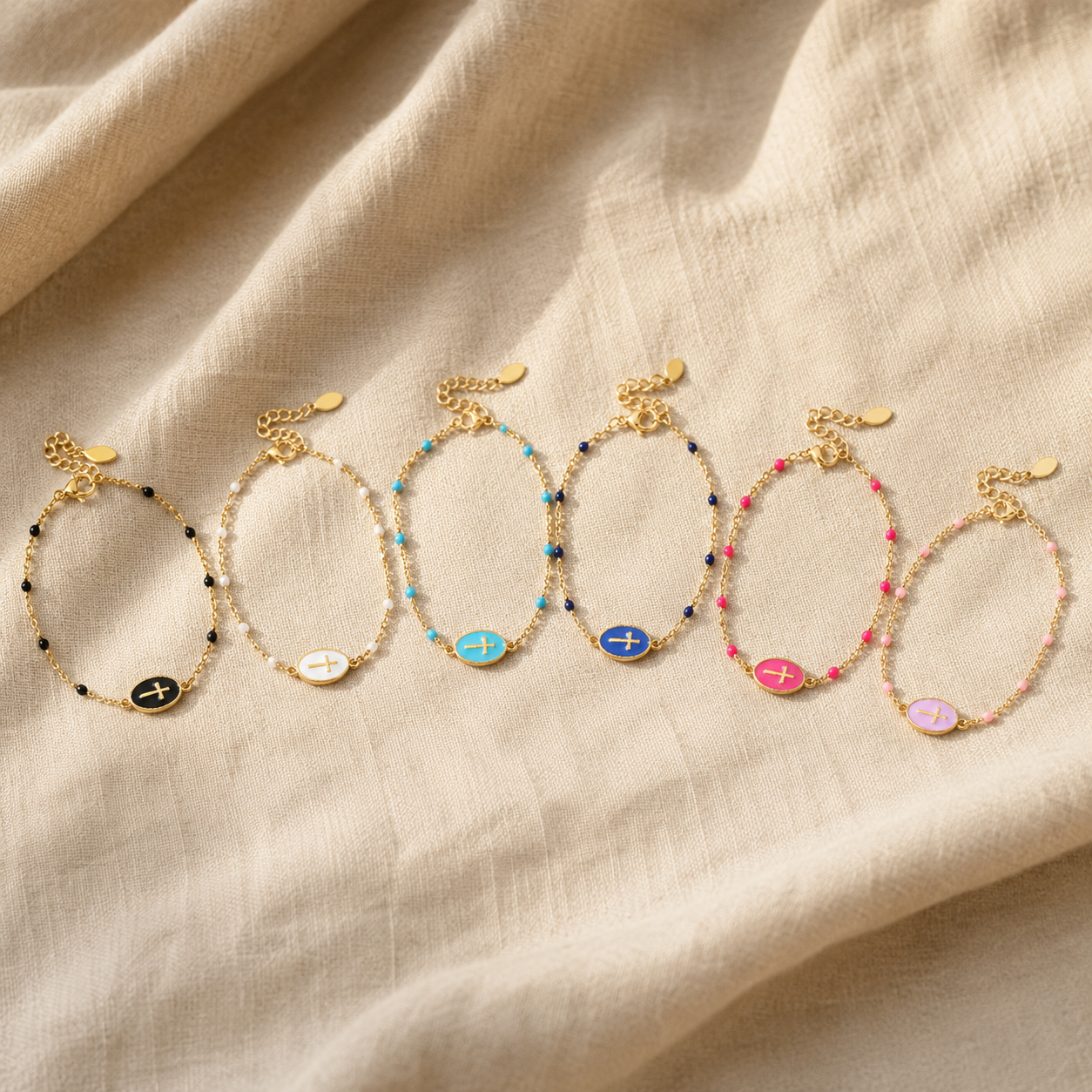 Gold Cross Charm Bracelet – Dainty Enamel Beaded Chain, Adjustable Faith Jewelry for Women