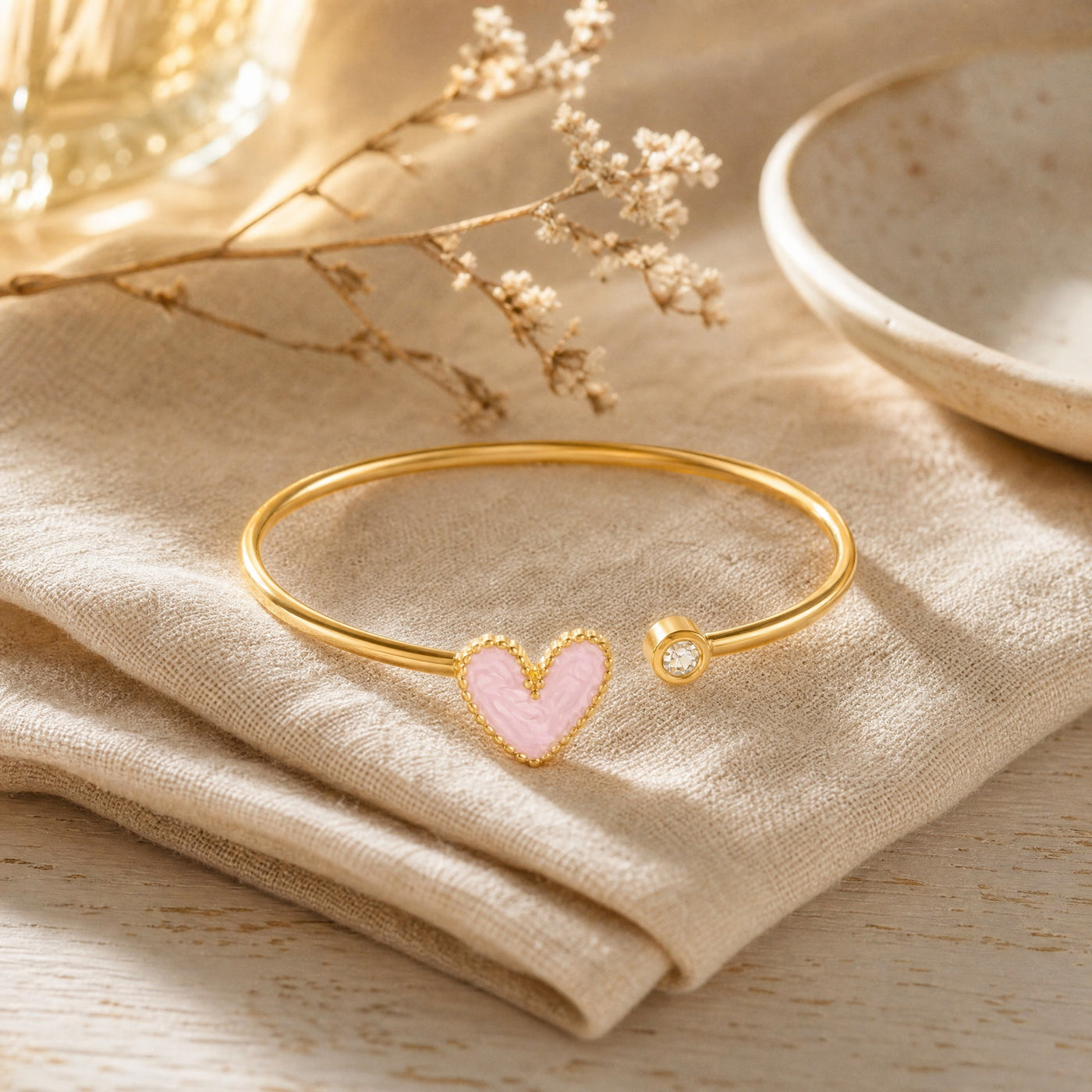 Gold Heart Cuff Bangle – Dainty Gold Stainless Steel Bracelet, Gift for Her