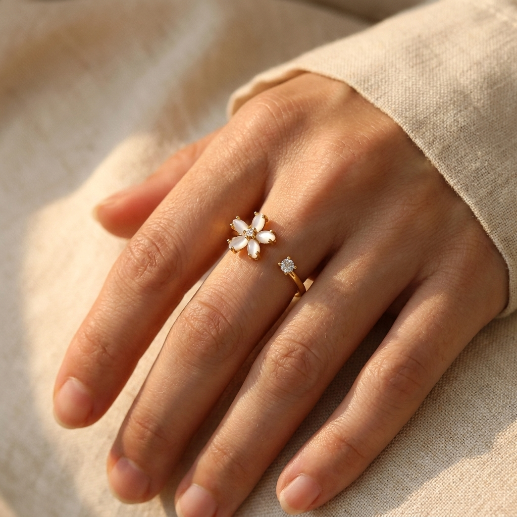 Gold Flower Open Ring – White Opal Petal CZ Adjustable Stainless Steel Ring, Gift for Her