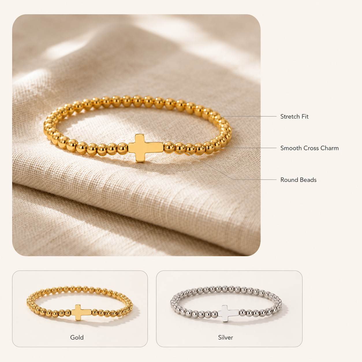 Cross Beaded Stretch Bracelet – Dainty Gold Silver Layering Bracelet, Gift for Her