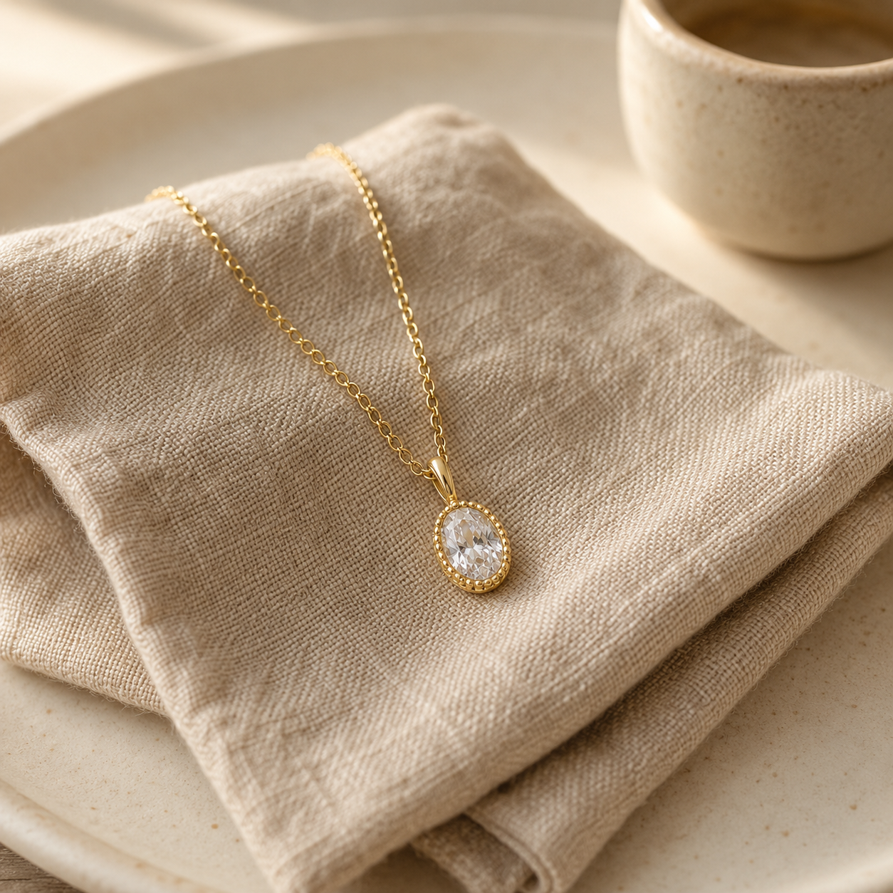 Gold Oval CZ Pendant Necklace – Dainty Milgrain Bezel Solitaire Chain, Gift for Her